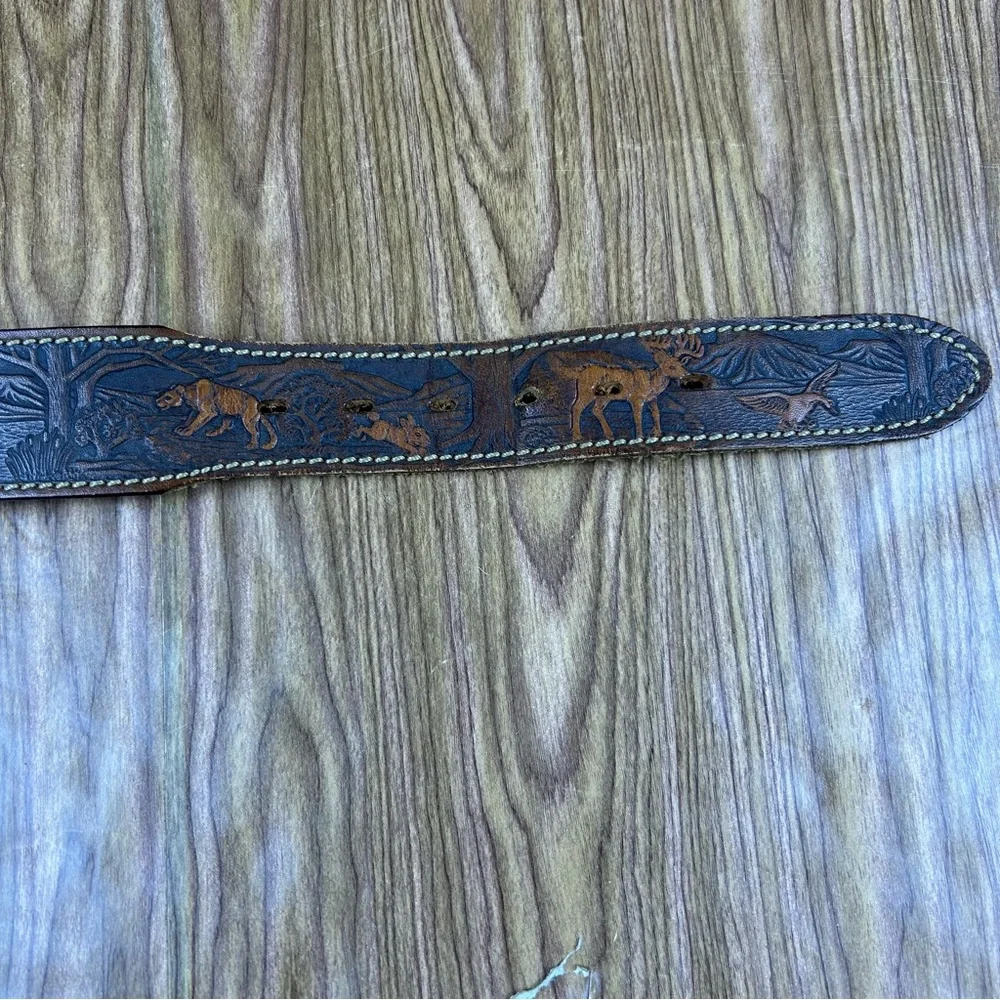 Vintage Deerslayer Hand Tooled Leather Belt Woodland Scene Made in USA - Size 56